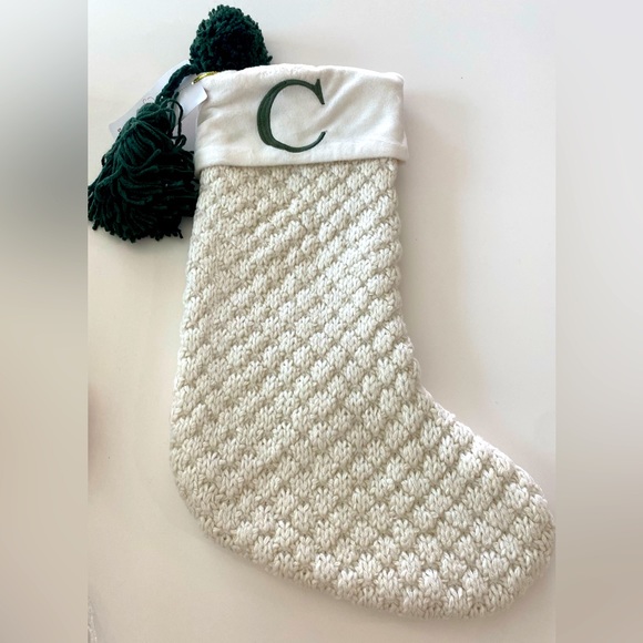 North Pole Trading Company Ivory Knit C Monogrammed Tassel Christmas Stocking - Picture 1 of 6